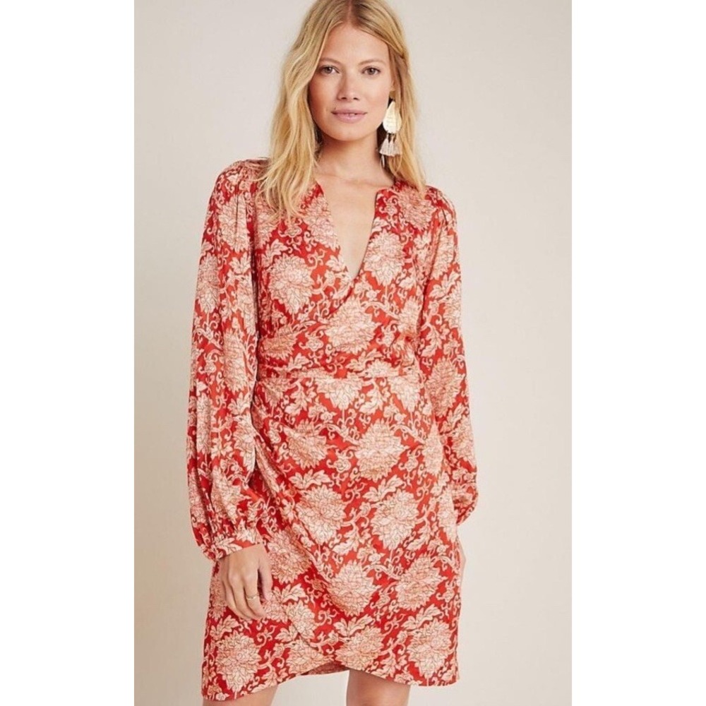 Anthropologie Skylar Surplice Mini Dress 6 Silk Blend Floral Damask Faux Wrap